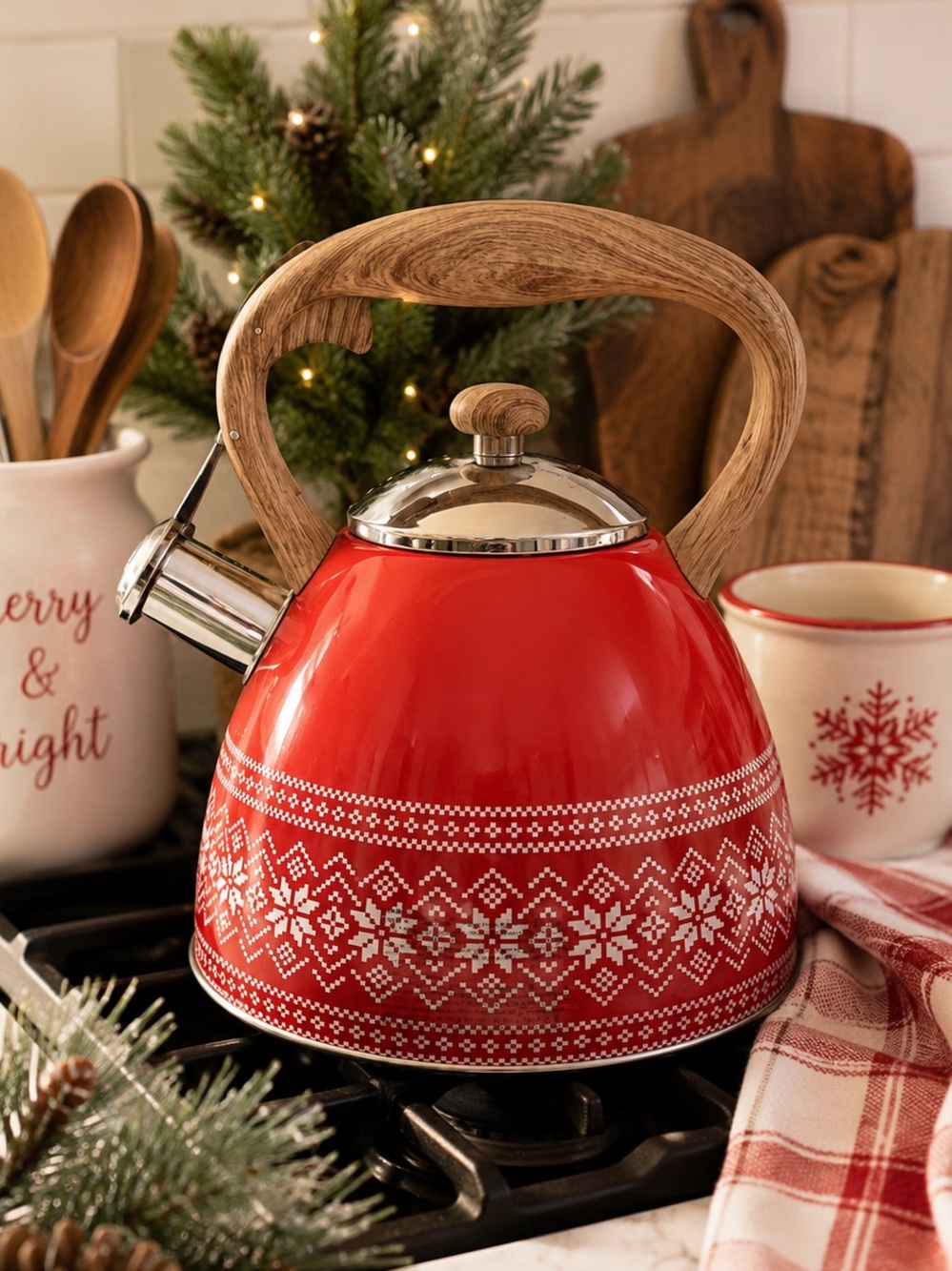Red Snowflake Tea Kettle Nordic Holiday Stovetop Whistling Kettle 2.6 Qt